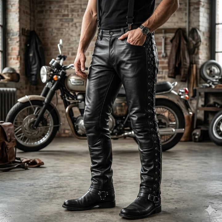 Men's Black Leather Motorcycle Lace-Up Trousers – Genuine Cowhide Biker Riding Pants