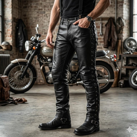 Men's Black Leather Motorcycle Lace-Up Trousers – Genuine Cowhide Biker Riding Pants