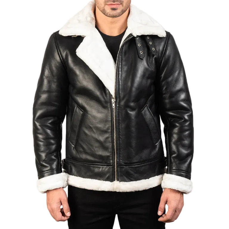 Men Black Shearling Leather Jacket | Genuine Leather Aviator Winter Coat