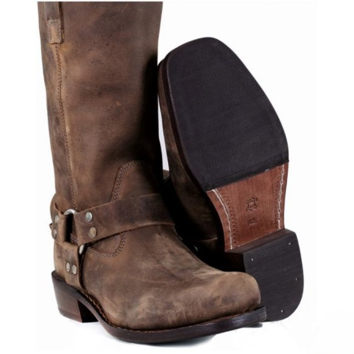 Men Brown Leather Harness Boots | Distressed Biker Boots 