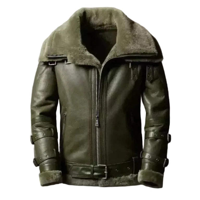 Men Green Shearling Leather Jacket | Genuine Aviator Fur Lined Coat