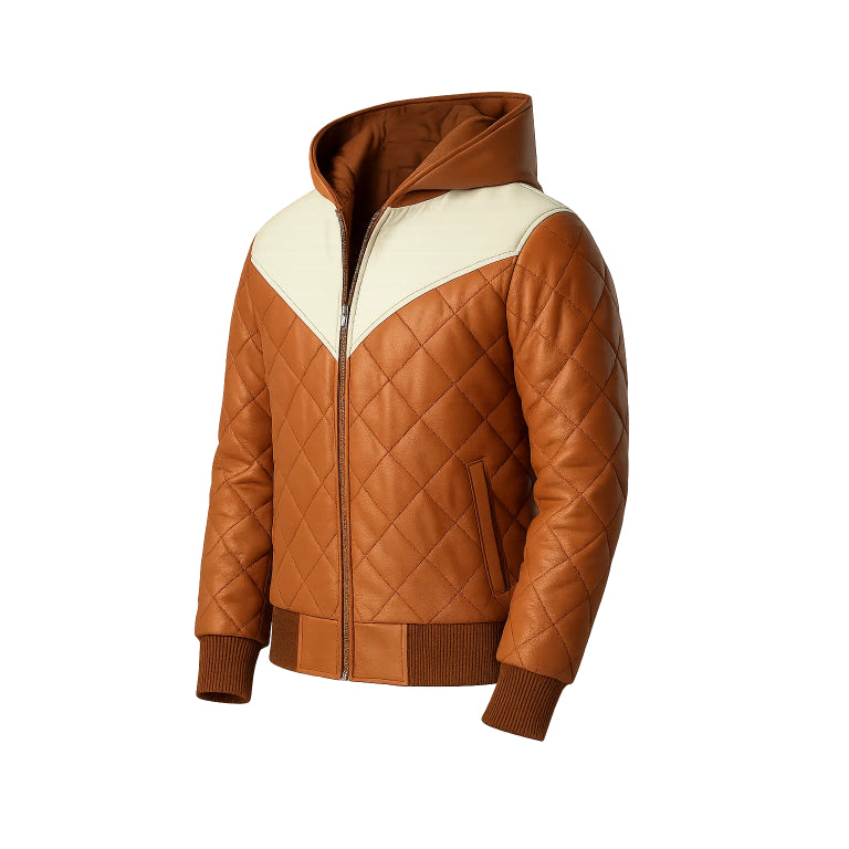 Men Leather Puffer Jacket Brown Quilted Hooded Winter Coat