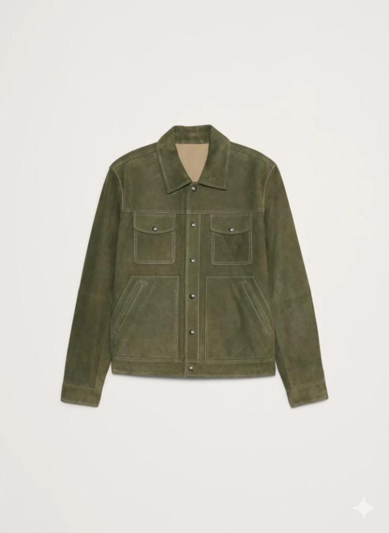 Men’s Olive Green Suede Trucker Jacket | Genuine Leather Streetwear Outerwear