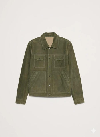 Men’s Olive Green Suede Trucker Jacket | Genuine Leather Streetwear Outerwear