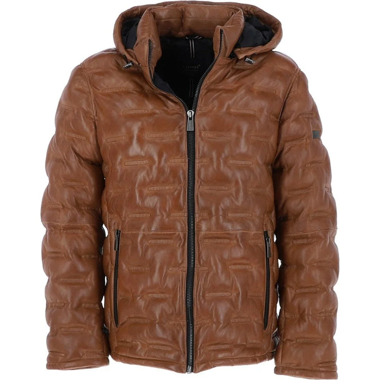 Brown leather jacket with a textured pattern on a white background