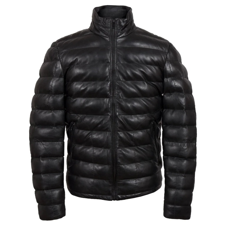 Men Real Leather Puffer Jacket – Black Quilted Winter Essential