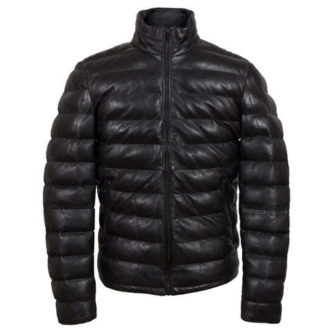 Men Real Leather Puffer Jacket – Black Quilted Winter Essential