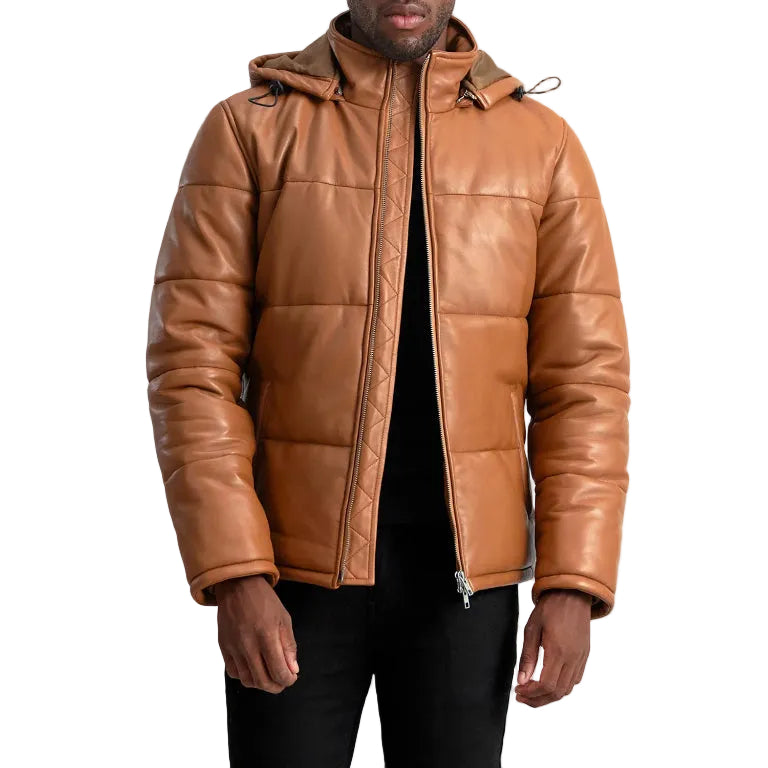 Men Real Leather Puffer Jacket Brown Hooded Winter Puffer Coat
