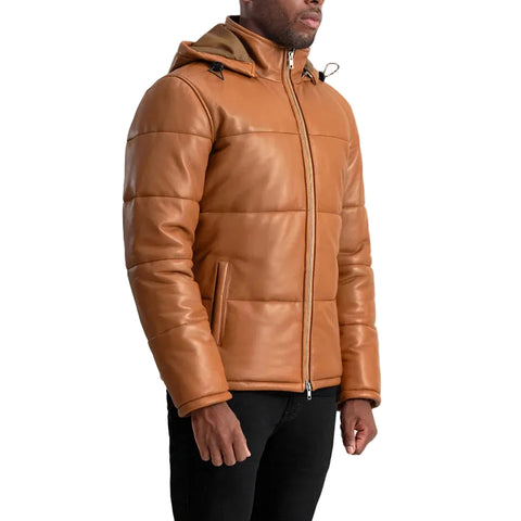 Men Real Leather Puffer Jacket Hooded Winter Puffer Coat