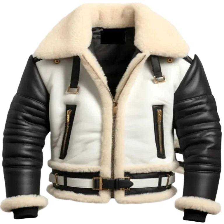 Men Real Leather Shearling Jacket B3 Aviator Black White Sheepskin Coat