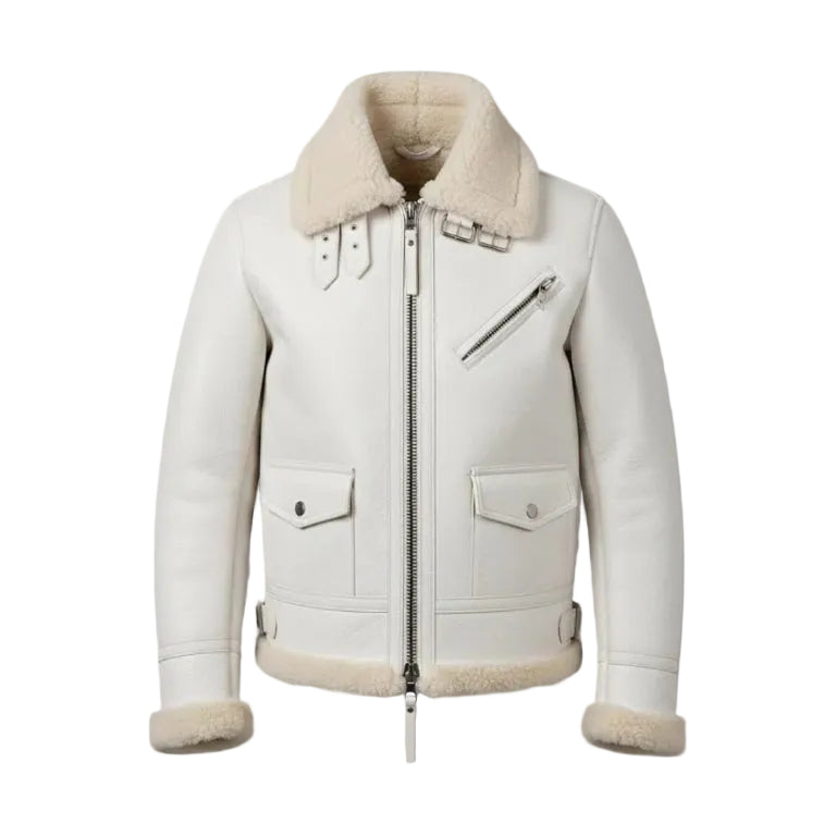 Men Real Leather Shearling Jacket – Off White Aviator Winter Coat for Men