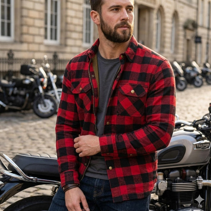 Men's Red and Black Checkered Armoured Motorcycle Shirt Kevlar Lined Riding 