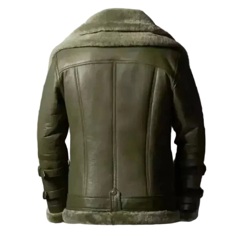 Men Green Shearling Leather Jacket | Genuine B3 Aviator Fur Lined Coat