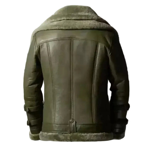 Men Green Shearling Leather Jacket | Genuine B3 Aviator Fur Lined Coat