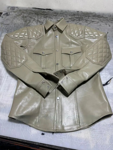 Men’s Beige Leather Shirt | Quilted Shoulders | Real Leather Snap Button Shirt | Handmade & Gift For Any Special Person