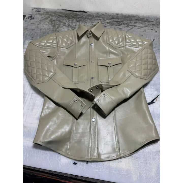 Men’s Beige Leather Shirt – Quilted
Shoulders Snap-Button