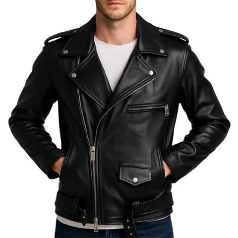 Men’s Black Biker Leather Jacket – Real Leather Café Racer Motorcycle Jacket