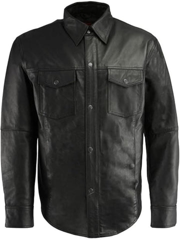 Men's Black Lightweight Snap Front Casual Biker Leather Shirt - Medium