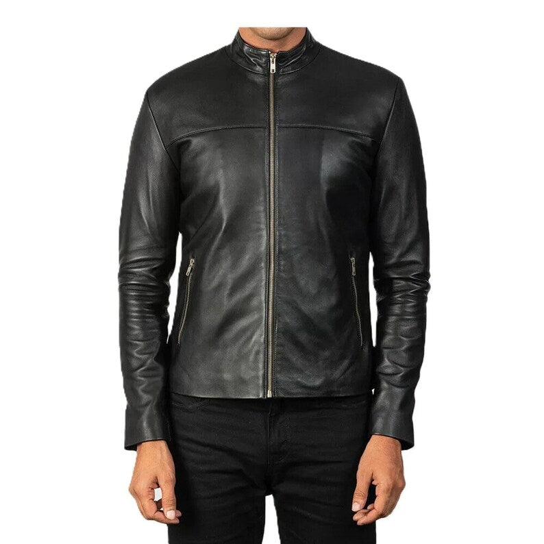 Men’s Black Cow Leather Moto Jacket – Handmade Biker Zip-Up Outerwear