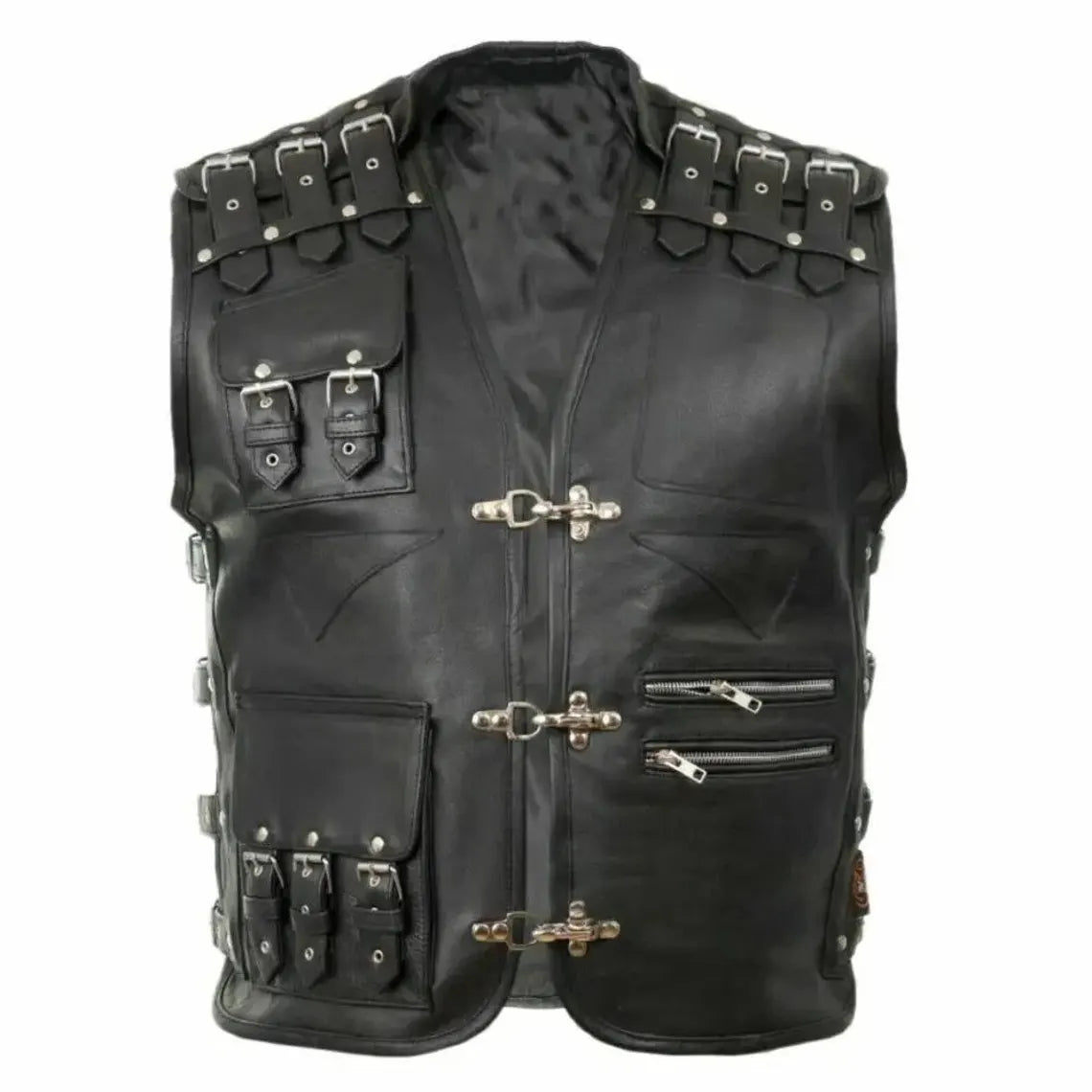 Men’s Black Cow Leather Utility Vest – Gothic Biker Buckles & Pockets
