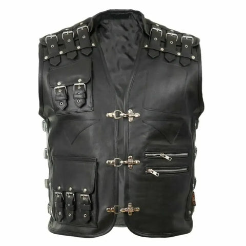 Men’s Black Cow Leather Utility Vest – Gothic Biker Buckles & Pockets