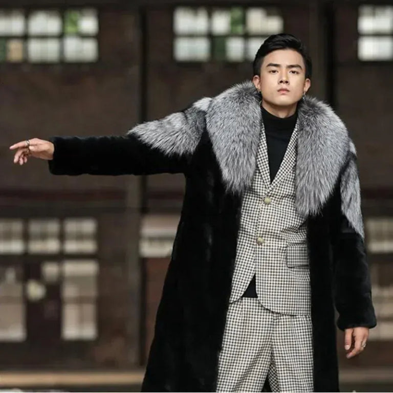 Men’s Black Faux Fur Trench Coat | Silver Fox Collar Luxury UK