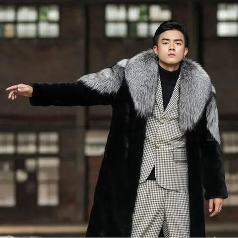 Men’s Black Faux Fur Trench Coat | Silver Fox Collar Luxury UK