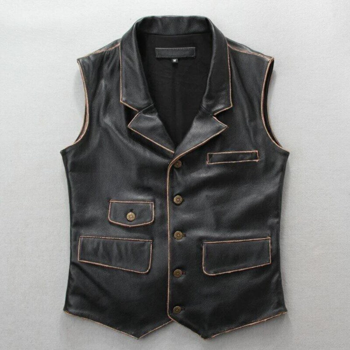 Men’s Black Leather Biker Vest – Gothic Utility Cowhide Handmade Vest