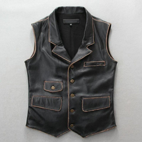 Men’s Black Leather Biker Vest – Gothic Utility Cowhide Handmade Vest