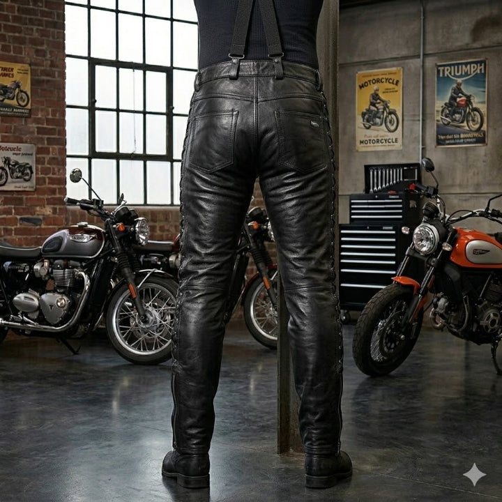 Men's Black Leather Laced Motorcycle Trousers with Braces & Side Lacing