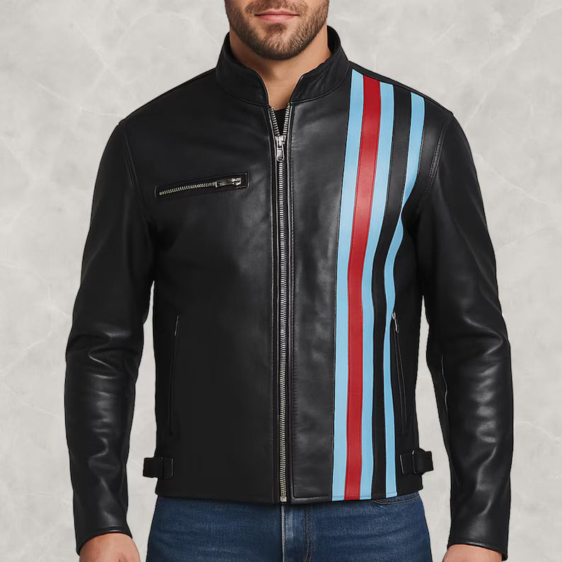 Men’s Black Leather Moto Jacket – Striped Café Racer Biker Style Jacket
