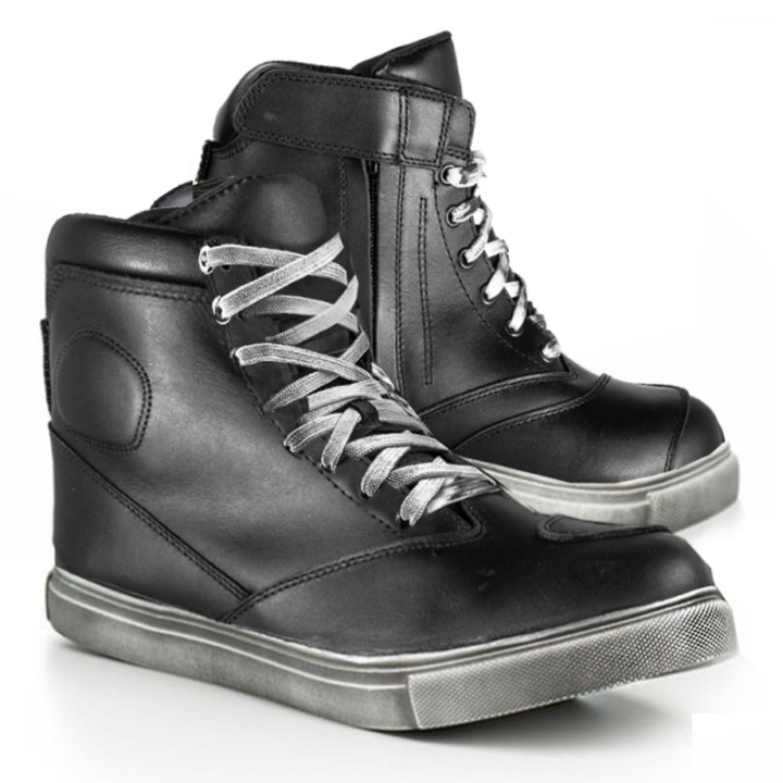 Men’s Black Leather Moto Sneakers – Casual Urban Riding Shoes with Integrated Protection