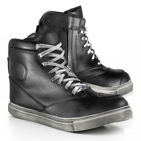 Men’s Black Leather Moto Sneakers – Casual Urban Riding Shoes with Integrated Protection