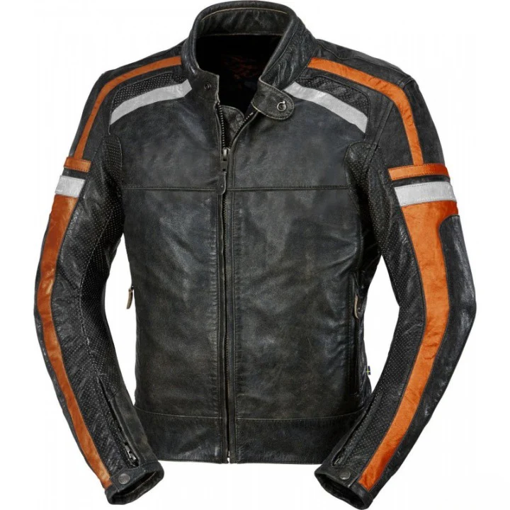 Men’s Black Leather Motorcycle Jacket with Orange &amp; White Stripes | Café Racer