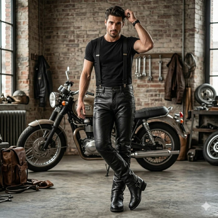 Men's Black Leather Motorcycle Lace-Up Trousers – Genuine Cowhide Biker Riding Pants