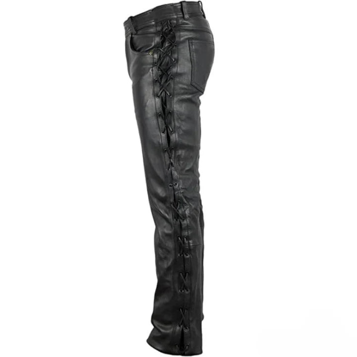 Men's Black Leather Motorcycle Lace-Up Trousers – Genuine Cowhide Biker Riding Pants