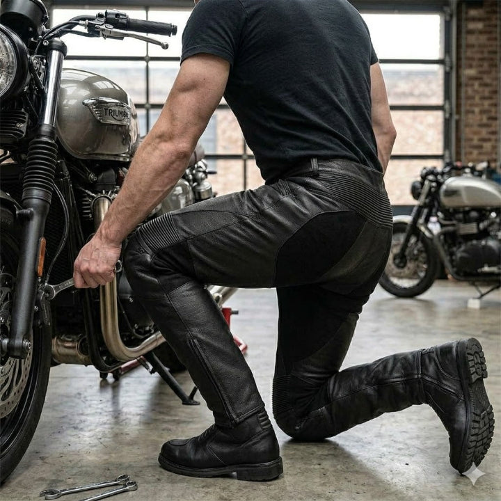 Men's Black Leather Motorcycle Trousers - CE Armoured Urban Riding Jeans