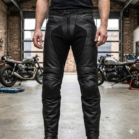 Men's Black Leather Motorcycle Trousers - CE Armoured Urban Riding Jeans