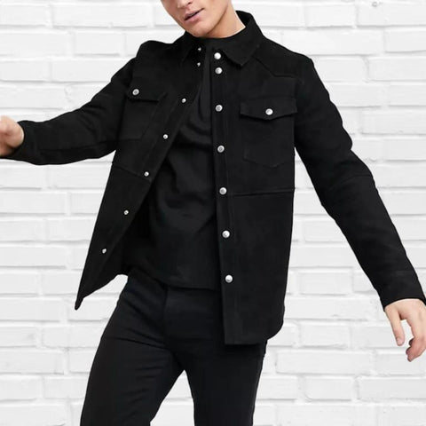 Men’s Black Suede Leather Shirt Jacket | Slim Fit Genuine Suede Outerwear | Button-Up Classic Minimal Streetwear Style