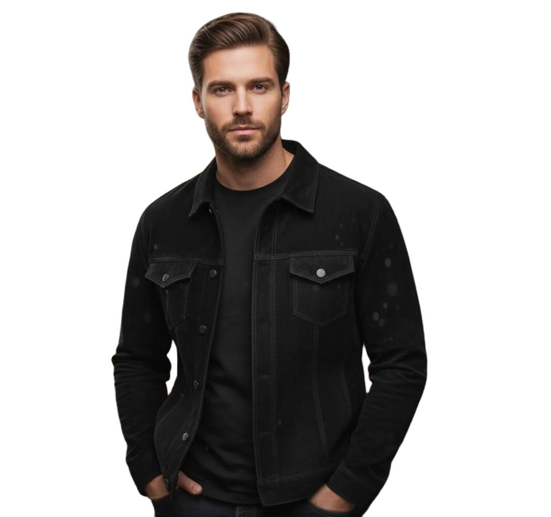 Men’s Black Suede Trucker Jacket | Genuine Suede Leather | Luxury Tailored Button-Up Outerwear | Classic Soft Fall Fashion