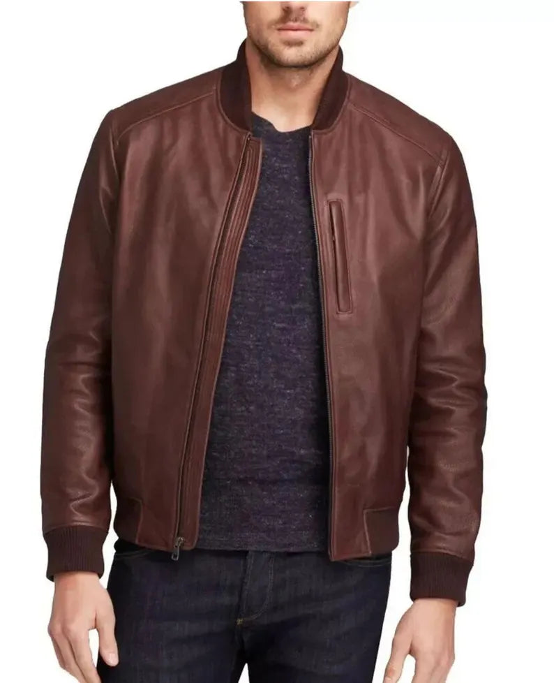 Men’s Brown Cowhide Leather Bomber Jacket | Handmade Genuine Outerwear