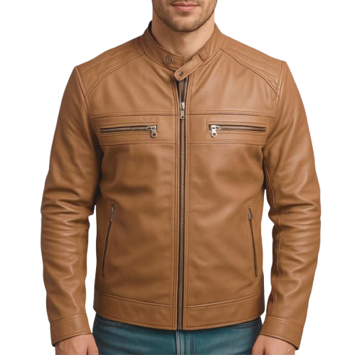 Men’s Brown Genuine Leather Moto Bomber Jacket | Motorcycle Coat