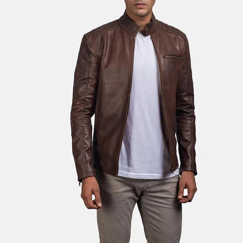 Men’s Brown Leather Biker Jacket – Soft Cowhide Zip-Up Premium Outerwear