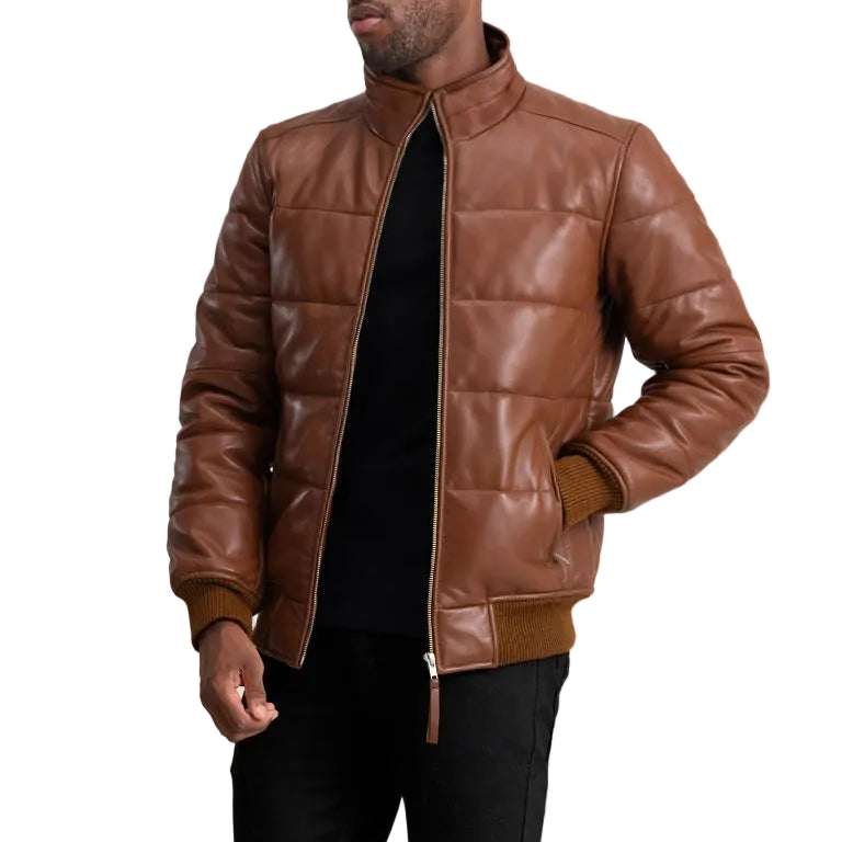 Men’s Brown Real Leather Puffer Jacket – Quilted Winter Leather Coat