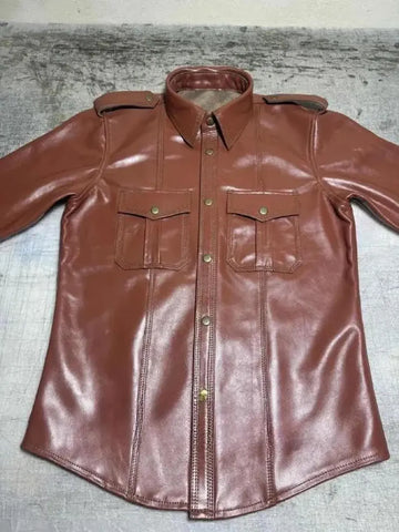 Men’s Brown Slim Fit Leather Shirt | Handmade Genuine Cowhide Button-Up | Soft Leather Outfit | Gift for Him