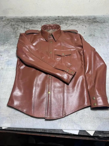 Men’s Brown Slim Fit Leather Shirt | Handmade Genuine Cowhide Button-Up