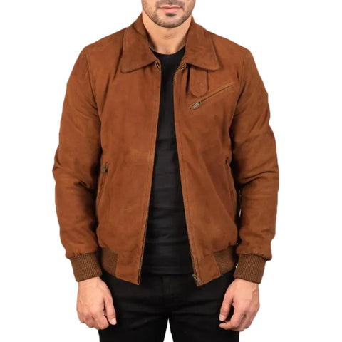 Men’s Brown Suede Leather Bomber Jacket – Handmade Classic Flight Jacket