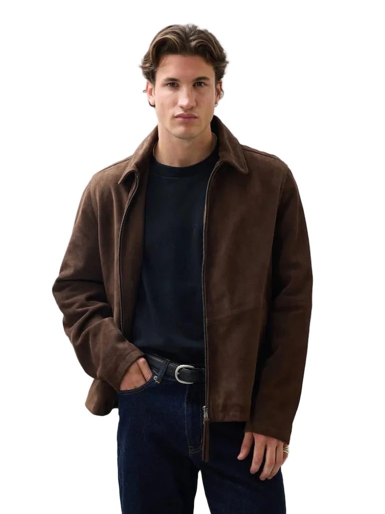 Men’s Brown Suede Leather Jacket – Classic Harrington Zip-Up Outerwear