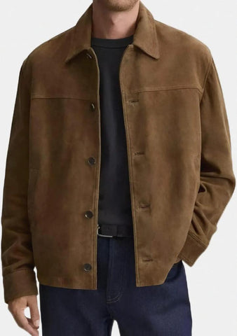 Men’s Brown Suede Leather Jacket | Genuine Soft Cowhide Outerwear | Classic Button-Up Vintage Style Casual Fall Fashion