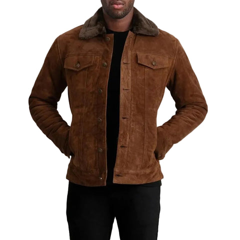 Men’s Brown Suede Shearling Trucker Jacket – Classic Winter Outerwear